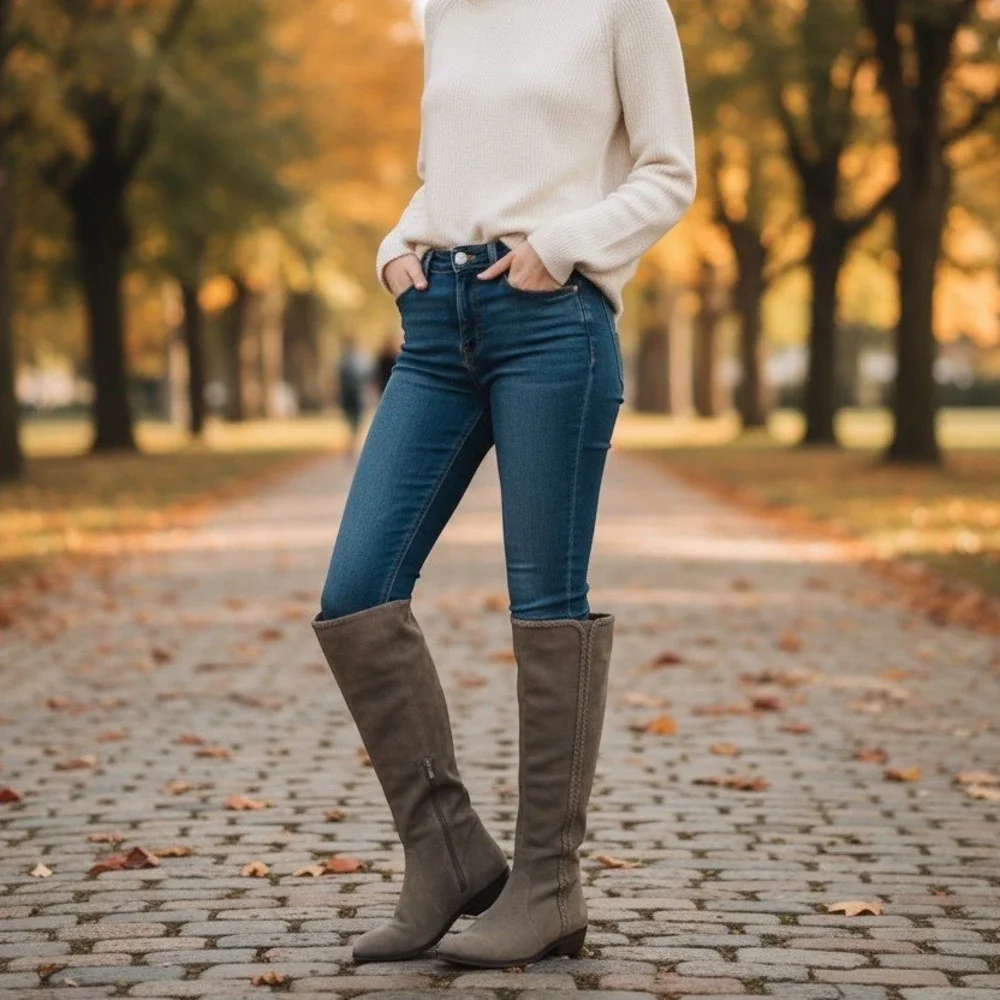 Glenda Taupe Suede Tall Braided Whipstitch Knee High Boots Size 8 154660